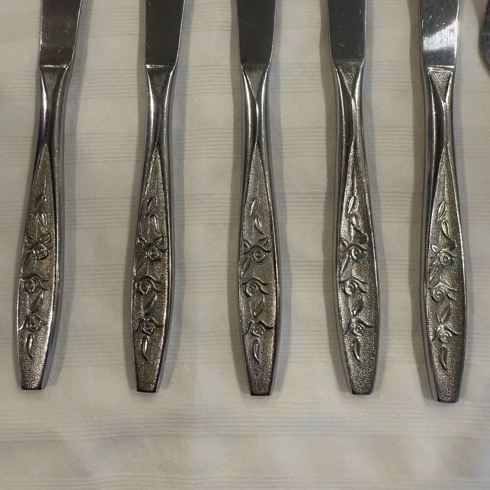 Ekco Eterna Rose Cotillion Stainless Flatware Knife Fork Spoon 13 Pc Vintage